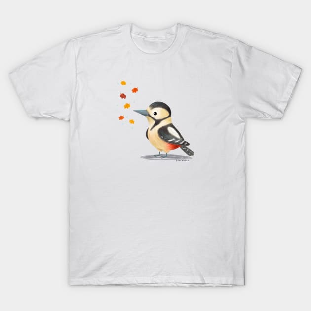 Great Spotted Woodpecker with fall leaves T-Shirt by julianamotzko